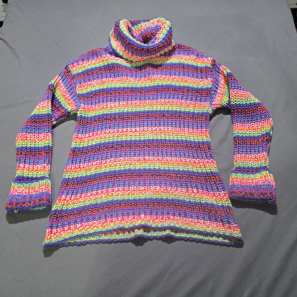 Sweater Womens Medium Rainbow Stripe Chunky Knit Retro  Festival Wear